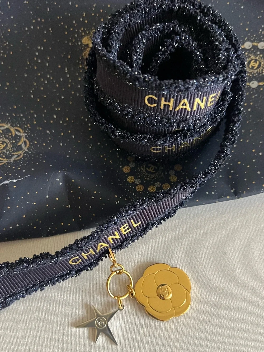 CHANEL Blue Ribbon Rope Charm Gold Camellia with silver Star New